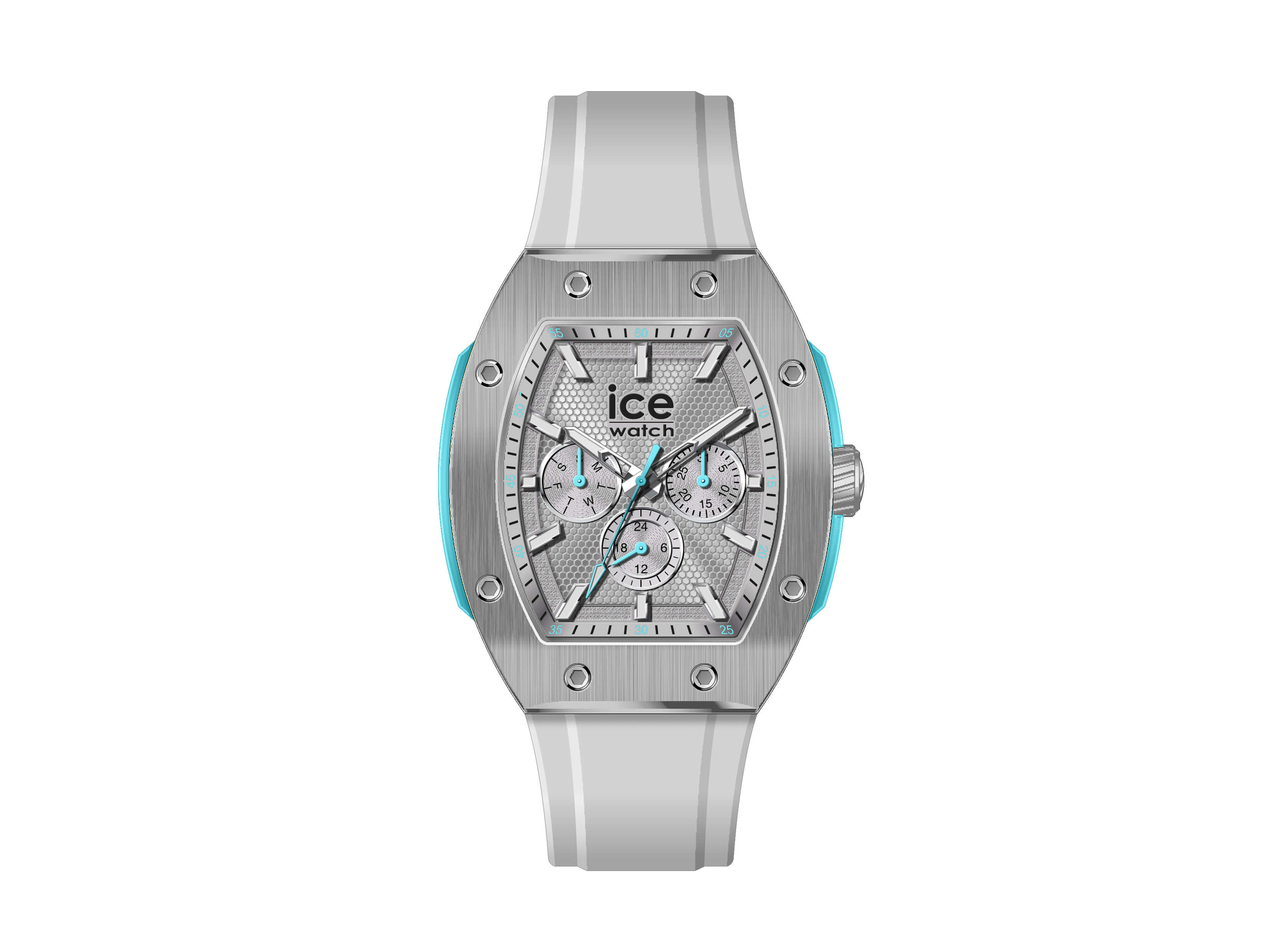 Grau und türkisfarbene Ice Watch 024739 ICE boliday prestige mit sportlichem Design, großen Ziffern und mehreren Chronographen-Funktionen auf silbernem Ziffernblatt, ausgestattet mit einem weißen Armband.
