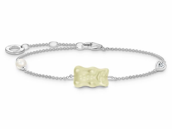 Armband von Thomas Sabo mit einem goldenen HARIBO Gummibärchen als Anhänger, verziert mit einem Zirkonia und einer Perle, aus Silber und Glas, ein modisches Accessoire von 16 bis 19 cm.