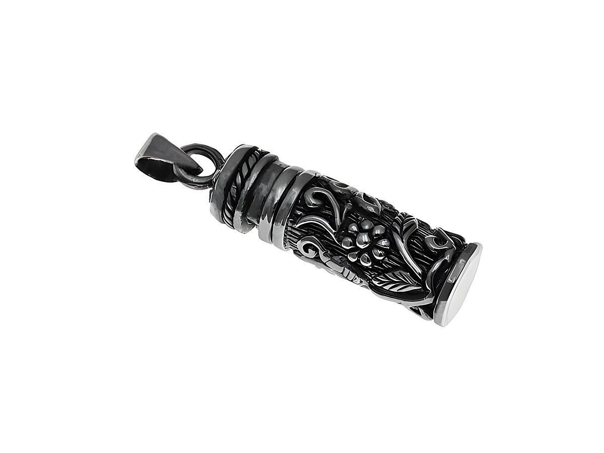 Zylinderförmiges Medaillon aus Sterling Silber mit floralen Mustern, hergestellt von Juwelier Harnisch in Sonderformen. Elegantes und detailliertes Design für individuellen Schmuck.