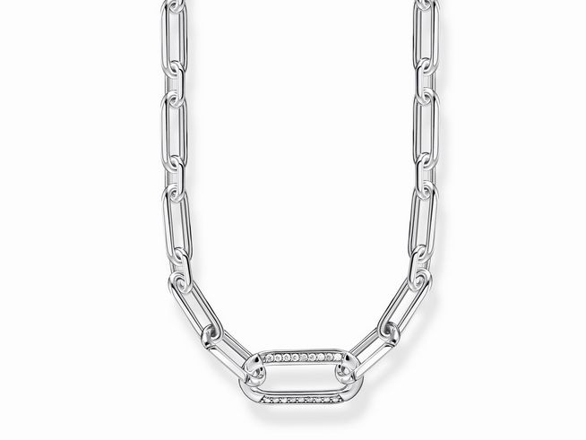 Elegante Thomas Sabo Kette aus Sterling Silber mit geschwungenen Gliedern und weißen Zirkonia, Länge 45 cm, ohne Anhänger, ideal für jeden Anlass.