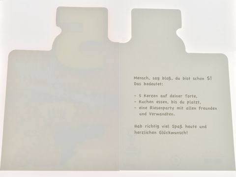 Geburtstagskarte mit Bärchen und Torte von Juwelier Harnisch. Die Innenseite enthält einen fröhlichen Text zur Feier des 5. Geburtstags mit liebevollen Glückwünschen.