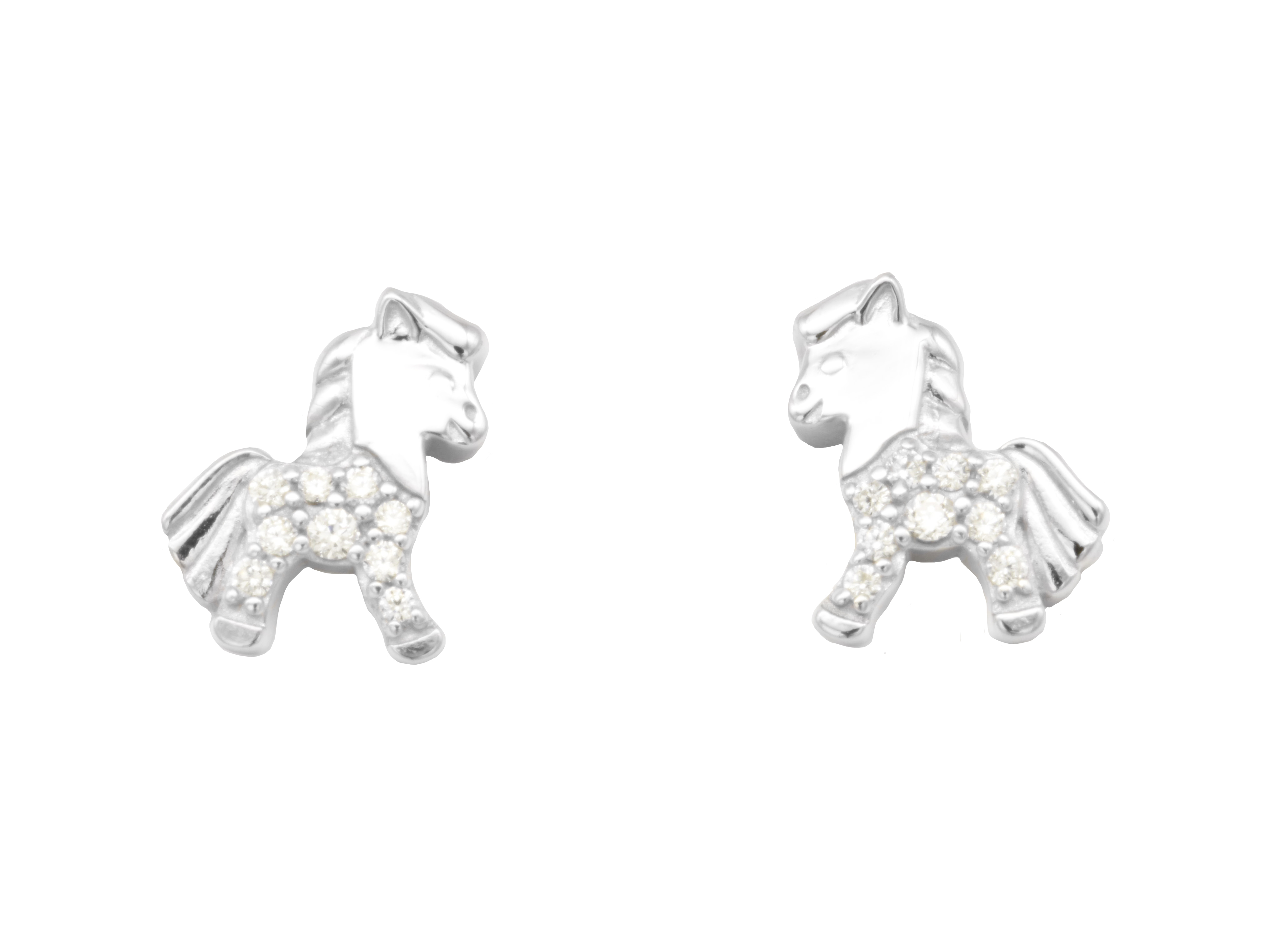 Ohrstecker in Form von Pferden aus rhodiniertem Sterling Silber, poliert und mit weißen Zirkonia verziert, vom Hersteller Juwelier Harnisch, ideal für Kinder.