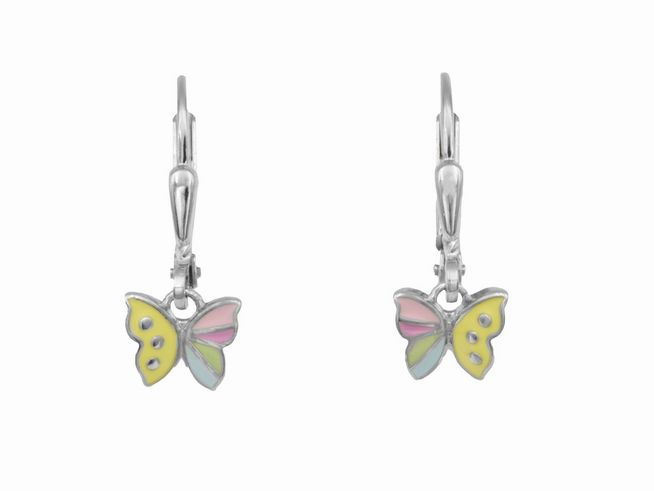 Ohrringe Ohrhänger in Schmetterlingsform aus buntem Lack, gefertigt aus rhodiniertem Sterling Silber, ideal für Kinder, Hersteller Juwelier Harnisch.