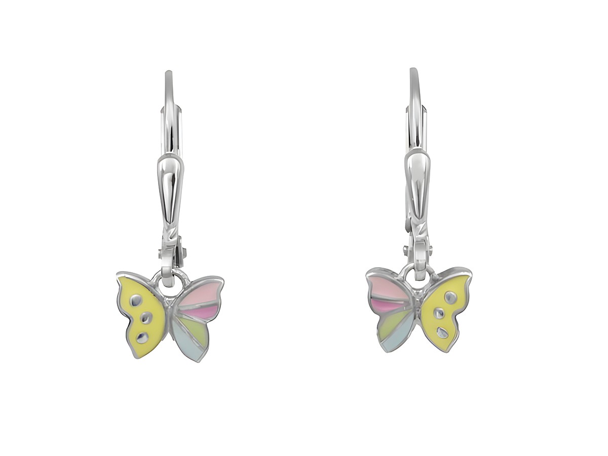Ohrringe Ohrhänger in Schmetterlingsform aus buntem Lack, gefertigt aus rhodiniertem Sterling Silber, ideal für Kinder, Hersteller Juwelier Harnisch.