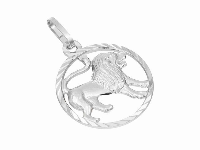 Anhänger Löwe aus 585 poliertem Weißgold, diamantiert mit detaillierter Löwendarstellung in runder Form. Ideal für Löwe-Geborene, Hersteller Juwelier Harnisch.