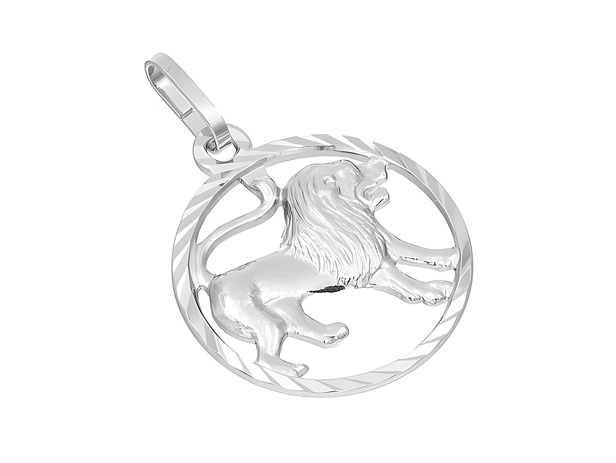 Anhänger Löwe aus 585 poliertem Weißgold, diamantiert mit detaillierter Löwendarstellung in runder Form. Ideal für Löwe-Geborene, Hersteller Juwelier Harnisch.