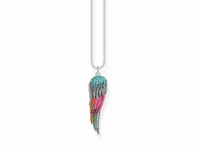 Thomas Sabo Kette KE2007-845-7-L50v aus Sterling Silber mit geschwungenem Anhänger in Form einer bunten Feder, verziert mit Glas-Keramik Stein und Zirkonia, verstellbar von 45 bis 50 cm.