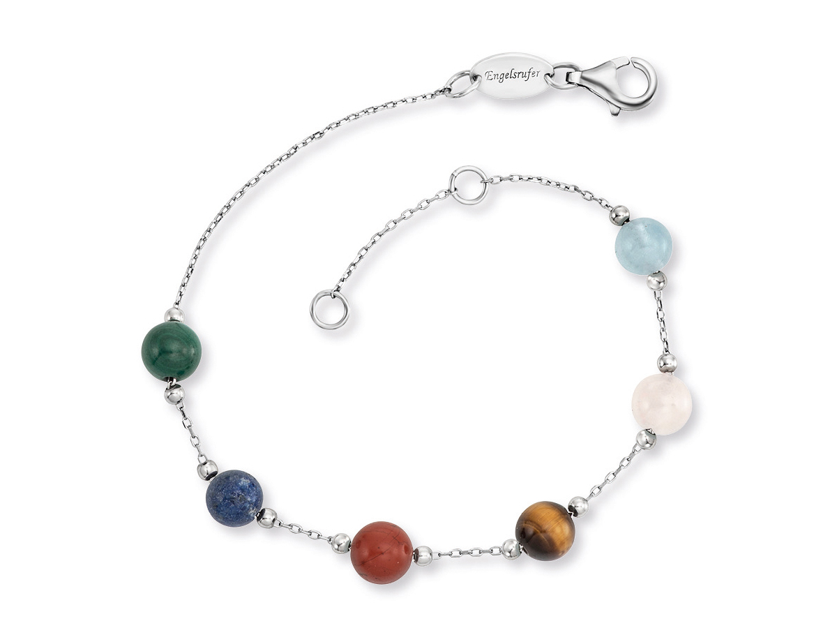 Armband von Engelsrufer mit sechs bunten Edelsteinen in einem rhodinierten Silberdesign, perfekte Länge von 17 cm, ideal für spirituelle und modische Akzente.
