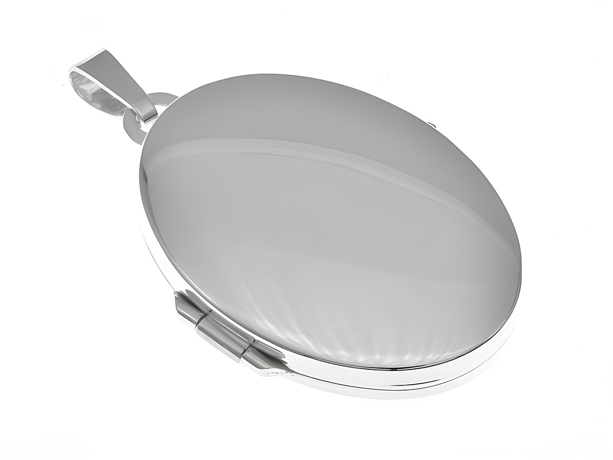 Medaillon in ovaler Form aus 585 Weißgold, schlicht und elegant. Hersteller: Juwelier Harnisch. Ideal als personalisiertes Schmuckstück oder Geschenk.