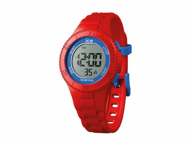 Ice Watch ICE digit in Rot und Blau mit digitaler Anzeige. Das Armband ist rot, mit blauen Akzenten und bietet eine Wasserfestigkeit von 100 Metern. Ideal für sportliche Aktivitäten.