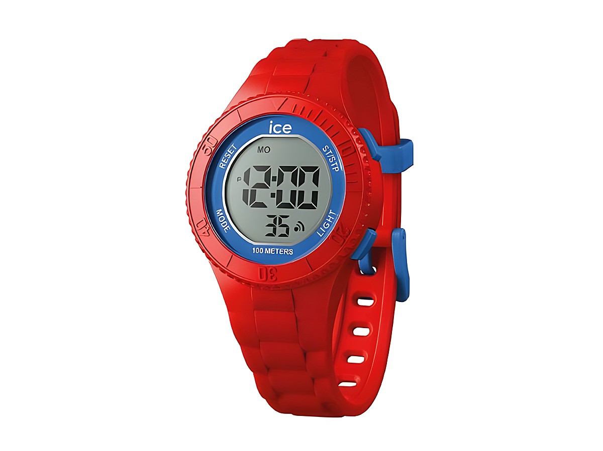Ice Watch ICE digit in Rot und Blau mit digitaler Anzeige. Das Armband ist rot, mit blauen Akzenten und bietet eine Wasserfestigkeit von 100 Metern. Ideal für sportliche Aktivitäten.