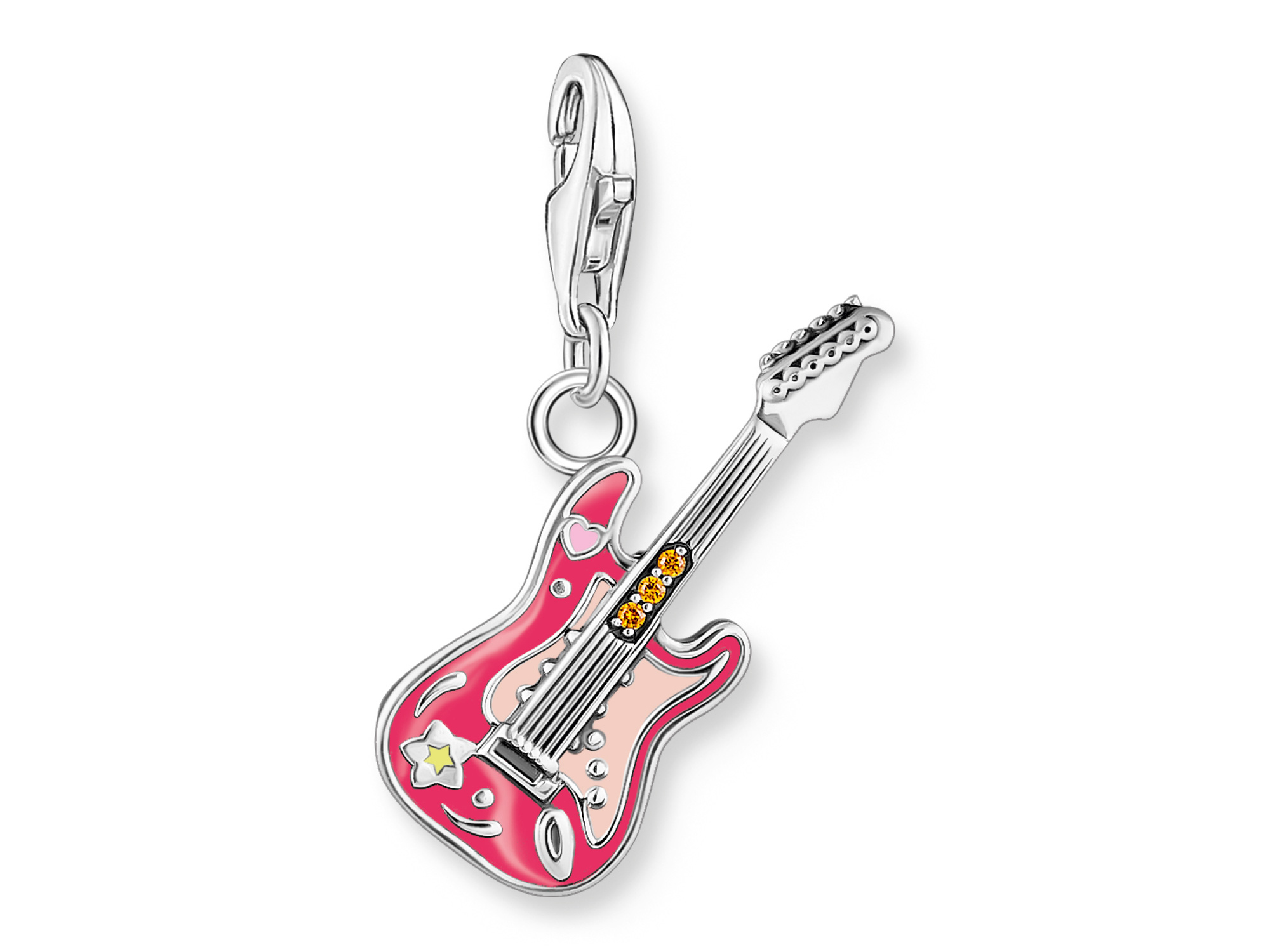 Charm-Anhänger von Thomas Sabo in Form einer bunten E-Gitarre mit silbernem Karabinerhaken und farbigen Details, ideal für Musikliebhaber und als stylisches Zubehör.