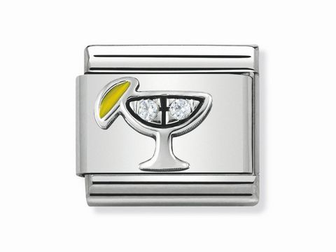 Silbernes Nomination Classic Cocktail Symbol mit einem Cocktailglas und einem gelben Zitronenschnitz, verziert mit zwei glitzernden Steinen, ideal für stilvolle Armbänder.