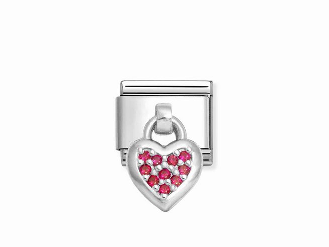 Charm aus Sterling Silber und Edelstahl mit einem roten Zirkonia Herz, das liebevoll mit roten Zirkonia-Steinen besetzt ist, ideal für individuellen Schmuck.