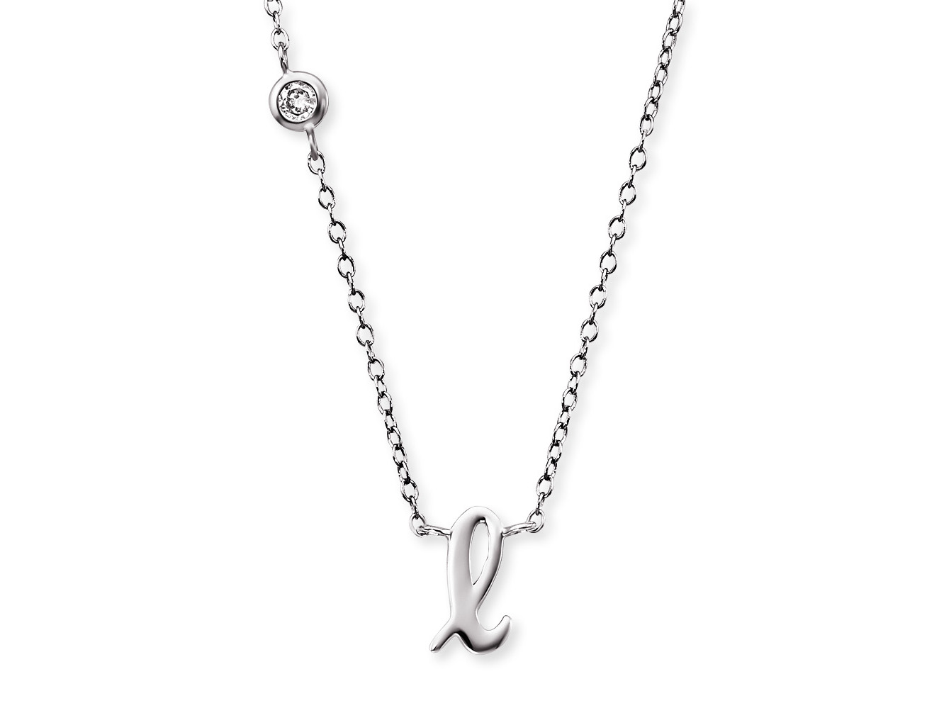 Kette mit Anhänger in Form des Buchstabens L, gefertigt aus rhodiniertem Silber, verziert mit einem Zirkonia, Gesamtlänge 40 cm, elegantes Design von Engelsrufer.