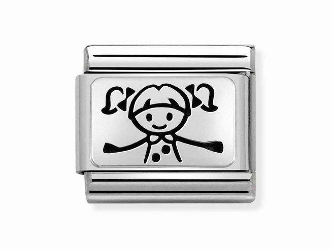 433010949-0 Ein silberner Charm von Nomination Classic Sterling Silver oxid mit einem Mädchenmotiv, das fröhlich mit erhobenen Armen dargestellt ist, ideal für individuelle Schmuckstücke.
