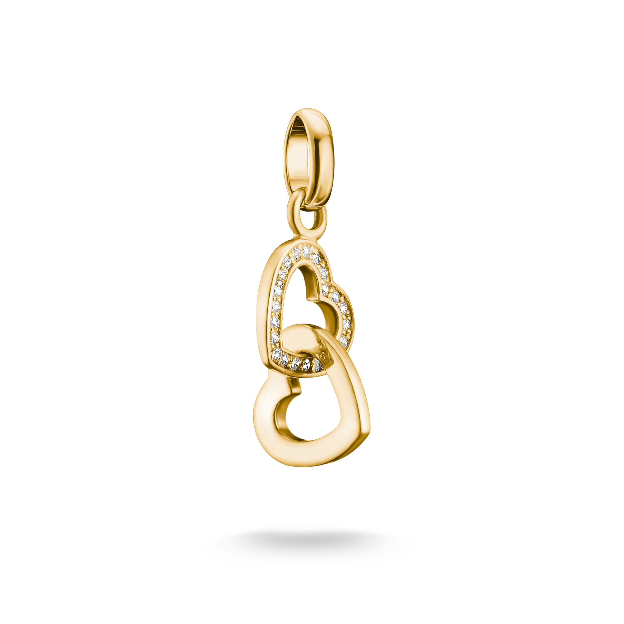 Charm von Thomas Sabo in Form von zwei verbundenen Herzen aus 18k Gelbgold Vergoldung mit funkelnden Zirkonia, ideal für eine individuelle Schmuckgestaltung.