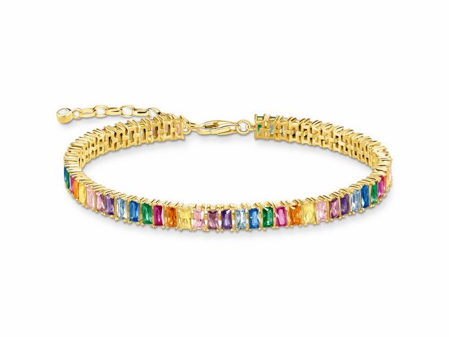 Armband aus vergoldetem Sterling Silber von Thomas Sabo mit farbigen Zirkonia im Regenbogen-Muster, 20 cm lang, zeigt eine elegante und funkelnde Verzierung.