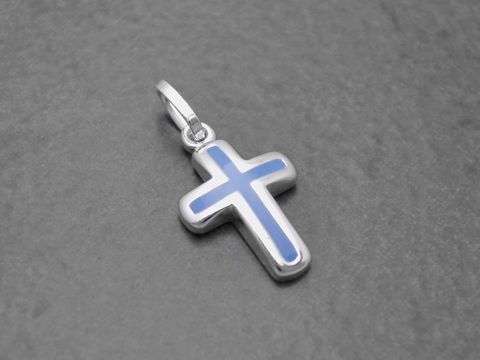 Kreuz poliert hellblau aus Sterling Silber mit hellblauem Lack, Hersteller Juwelier Harnisch, versehen mit Stein.