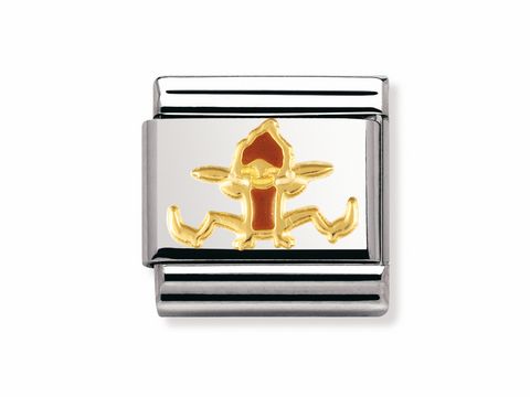 Ein klassischer Hampelkobold aus der Nomination Fantasia Kollektion dargestellt in emaillierten Farben, mit einem glänzenden silbernen Hintergrund und lebendigen goldenen Akzenten.