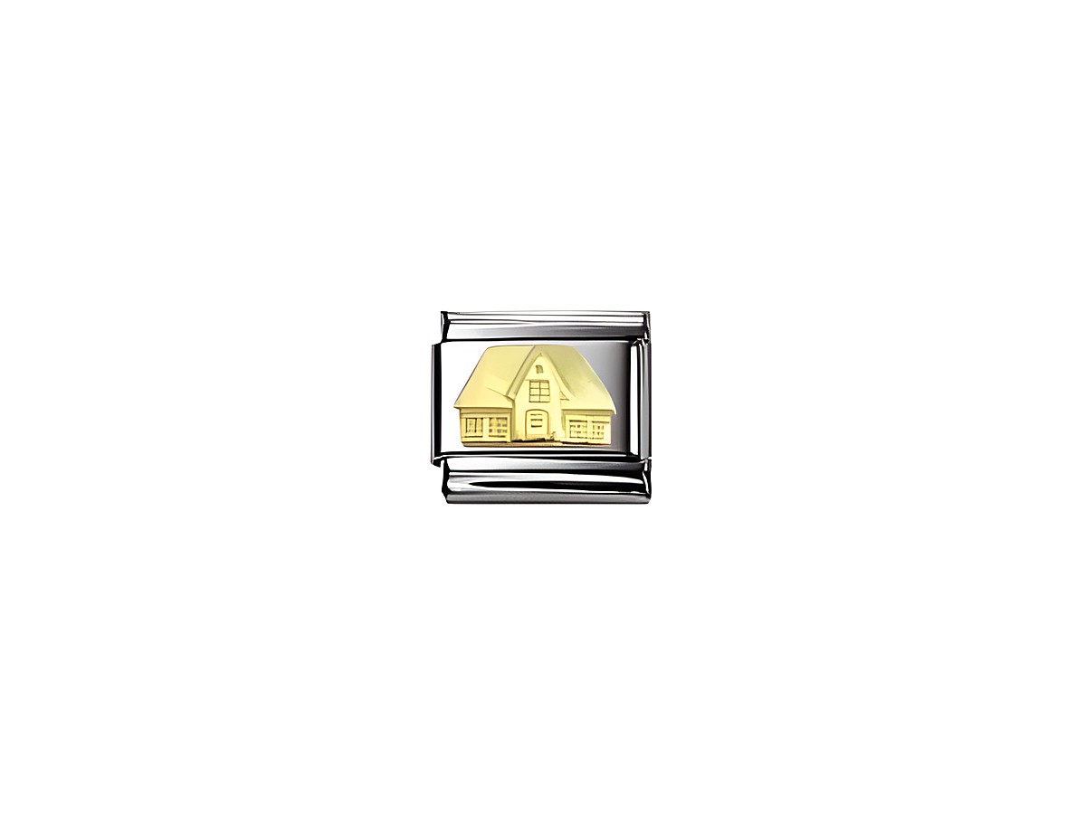 Ein charmantes Schmuckelement von Nomination mit einem goldenen Häuschen, das auf einem silbernen Hintergrund in zeitlosem Design dargestellt ist. Ideal für Charms und Armbänder.
