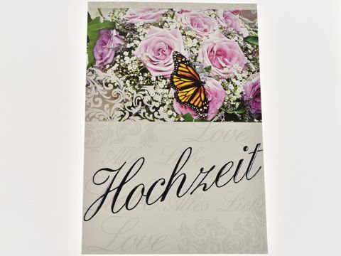 Hochzeitskarte mit rosa Rosen und einem Schmetterling, im unteren Teil der Karte steht in eleganter Schrift das Wort Hochzeit. Hersteller: Juwelier Harnisch, Hochzeitskarten.