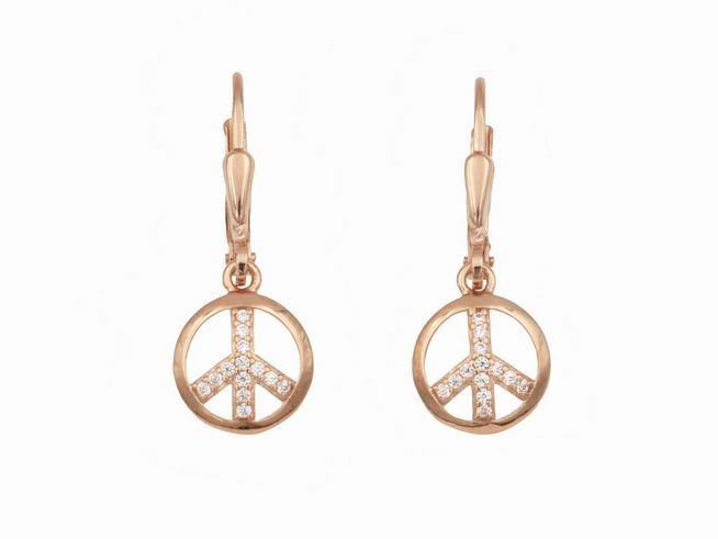 Ohrringe Ohrhänger Peace Symbol aus Sterling Silber mit Roségold Vergoldung und funkelnden Steinen, hergestellt von Juwelier Harnisch, elegant und modisch.