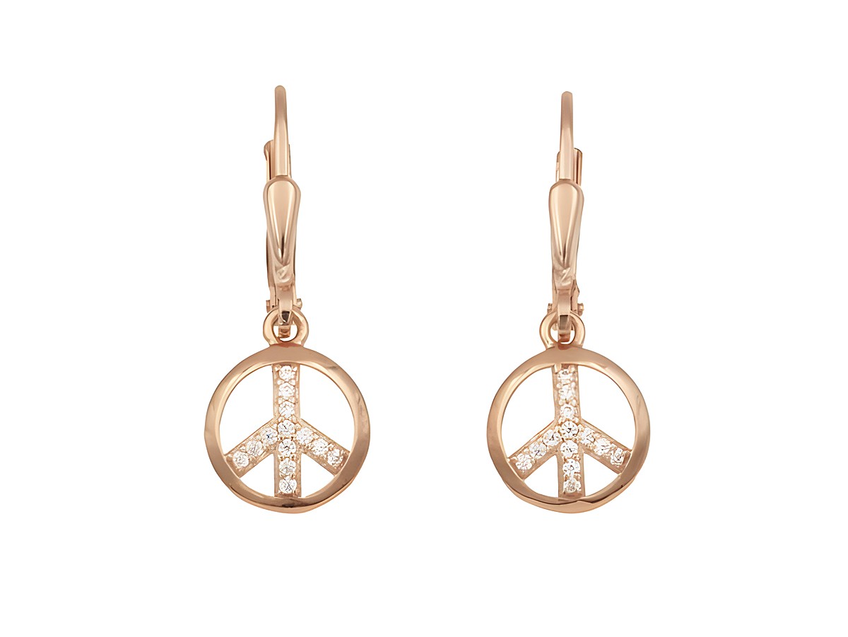 Ohrringe Ohrhänger Peace Symbol aus Sterling Silber mit Roségold Vergoldung und funkelnden Steinen, hergestellt von Juwelier Harnisch, elegant und modisch.