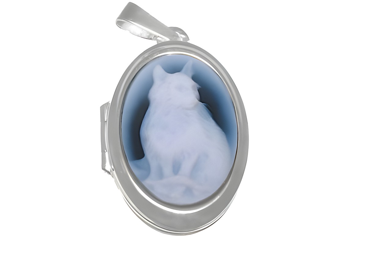 Katze Achat Gemme Medaillon aus Weißgold 585, Hersteller Juwelier Harnisch, elegantes Design mit feiner katzenförmiger Gravur im Inneren des Medaillons, ideal für Schmuckliebhaber.