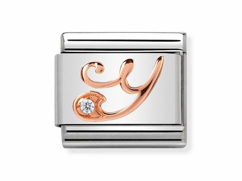 Nomination 430310 25 Buchstabe Composable Classic Y in Silber mit einer roséfarbenen Schriftzug Y und einem kleinen weißen Stein, ideal für individuelle Armbänder.