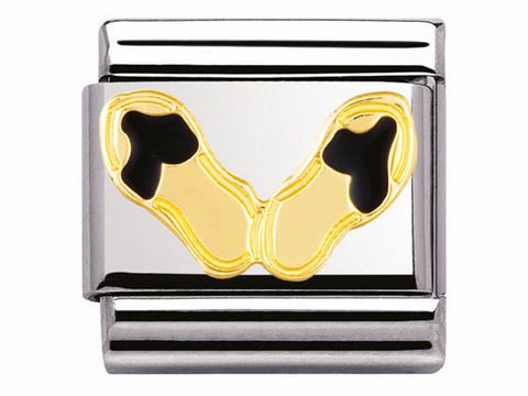 Emaillierter Anhänger mit dem Motiv von Badelatschen in gold-schwarz auf silbernem Hintergrund, designed von Nomination Classic BICOLOR für täglichen Gebrauch.