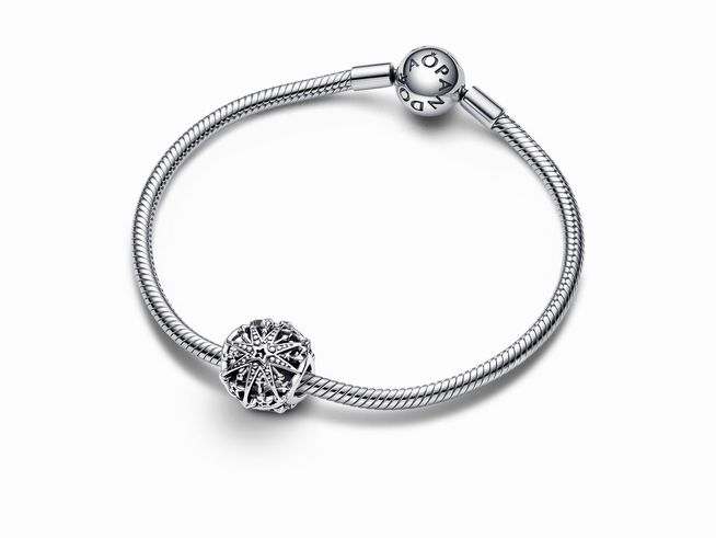 Pandora Charm 792360C00 aus Sterling Silber zeigt ein elegantes Armband mit einem dekorativen, detaillierten Charm in der Mitte, ideal für jeden Anlass und stilvoll kombinierbar.