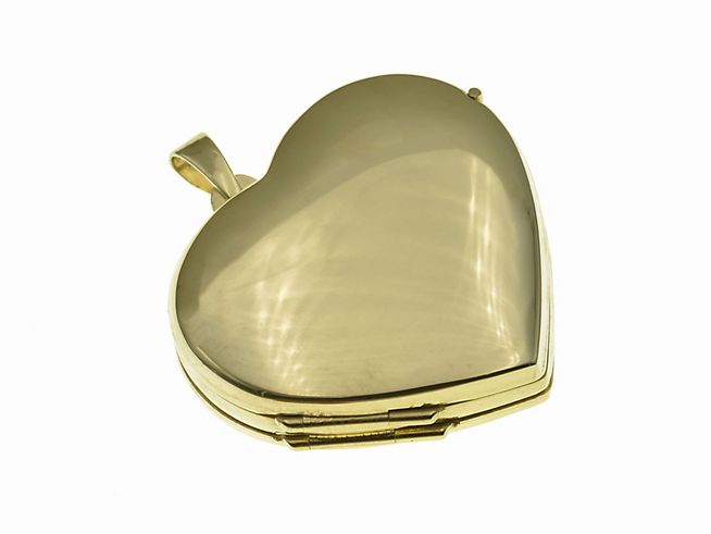 Herz Medaillon für 4 Fotos aus poliertem 585 Gold, hergestellt von Juwelier Harnisch, elegantes Design, ideal für persönliche Erinnerungen.