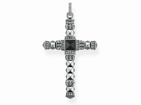 Thomas Sabo PE775-698-11 Anhänger in Form eines geschwärzten Kreuzes aus Silber mit verschiedenen geometrischen Formen und einem schwarzen Steinelement in der Mitte.