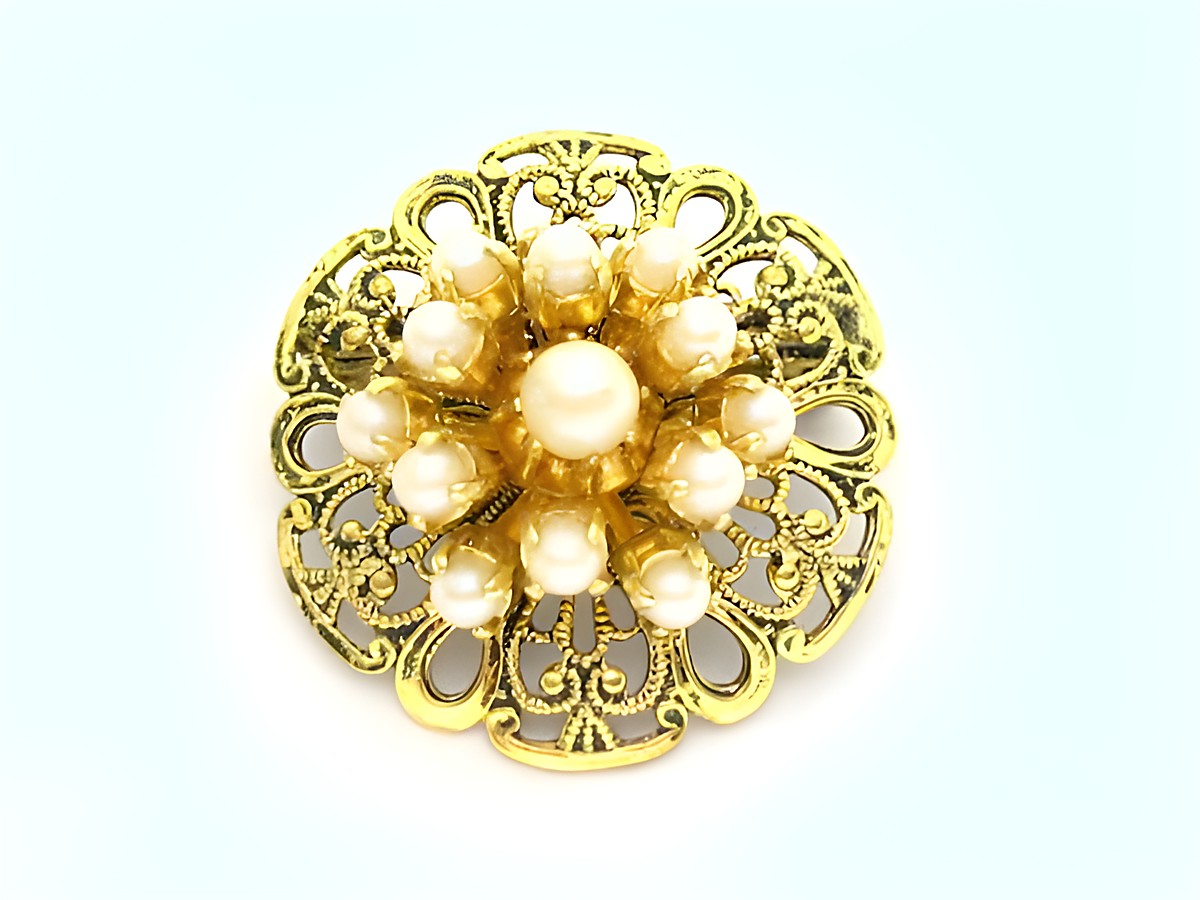 Schöne Brosche im Sexy City Look mit Zuchtperl Imitation. Die goldene Brosche hat ein filigranes Design und ist aus Modeschmuck von Juwelier Harnisch gefertigt.