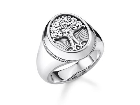Silberner Ring von Thomas Sabo mit dem Motiv des Lebensbaums, markante Oberseite und geschmackvolles Design, Größe 54, Modell TR2245-637-21-54.