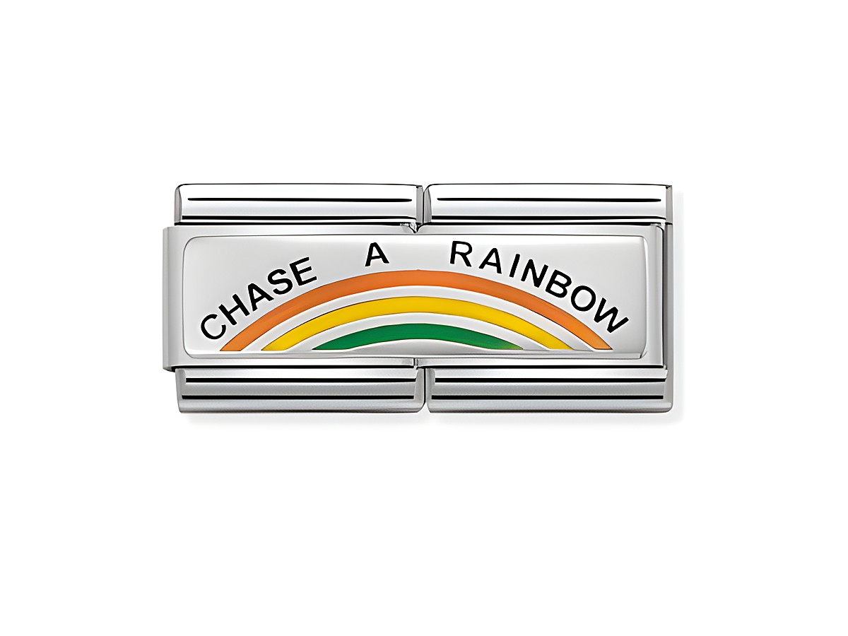 Classic SilverShine 330721 02 zeigt ein elegantes Charm mit einem Regenbogen in den Farben Orange, Grün und Gelb, umgeben von der Aufschrift Chase a Rainbow auf glänzendem Silber.