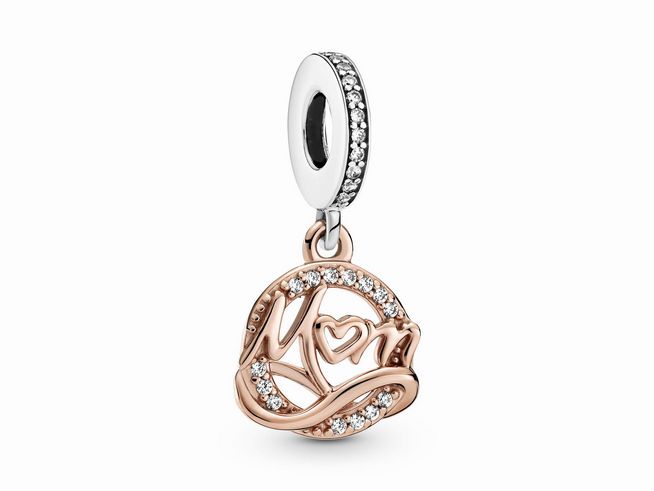 789374000-0 Zweifarbiger Mama-Baumel-Charm von Pandora aus Roségold und Silber mit Zirkonia und dem Schriftzug Mama, ideal für persönliche Schmuckkollektionen.