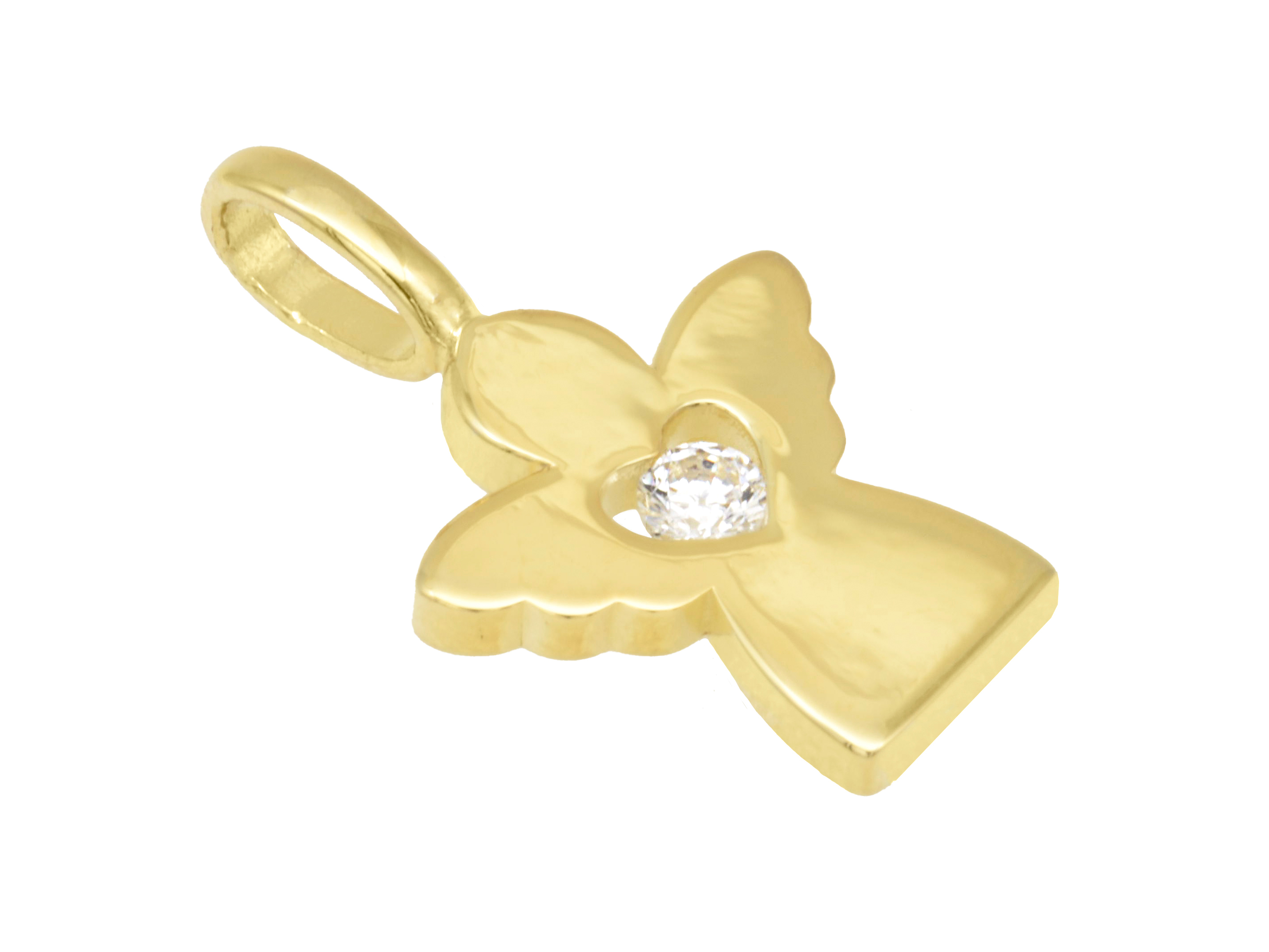 Silber Anhänger Engel mit Herz in gelbgold vergoldet und poliert, besetzt mit Zirkonia, Hersteller Juwelier Harnisch, ideal als Schmuckstück für besondere Anlässe.