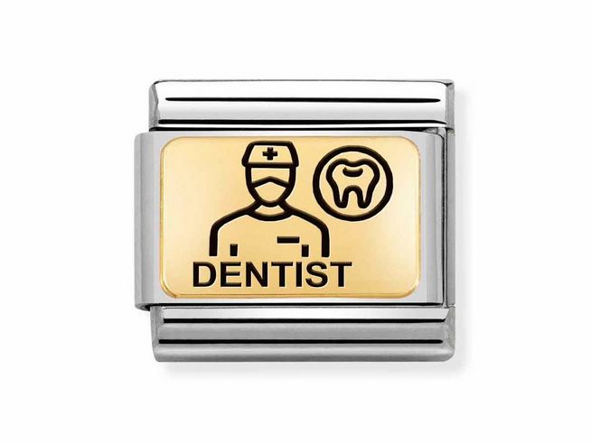 Charm aus Edelstahl und Gold 585 mit emaillierter Darstellung eines Zahnarztes und Zahn, beschriftet mit dem Wort DENTIST, für elegante Schmuckstücke.