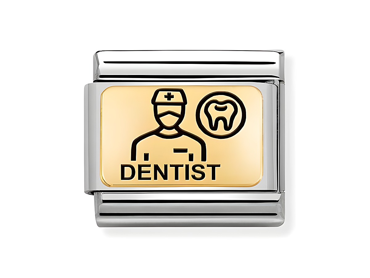 Charm aus Edelstahl und Gold 585 mit emaillierter Darstellung eines Zahnarztes und Zahn, beschriftet mit dem Wort DENTIST, für elegante Schmuckstücke.