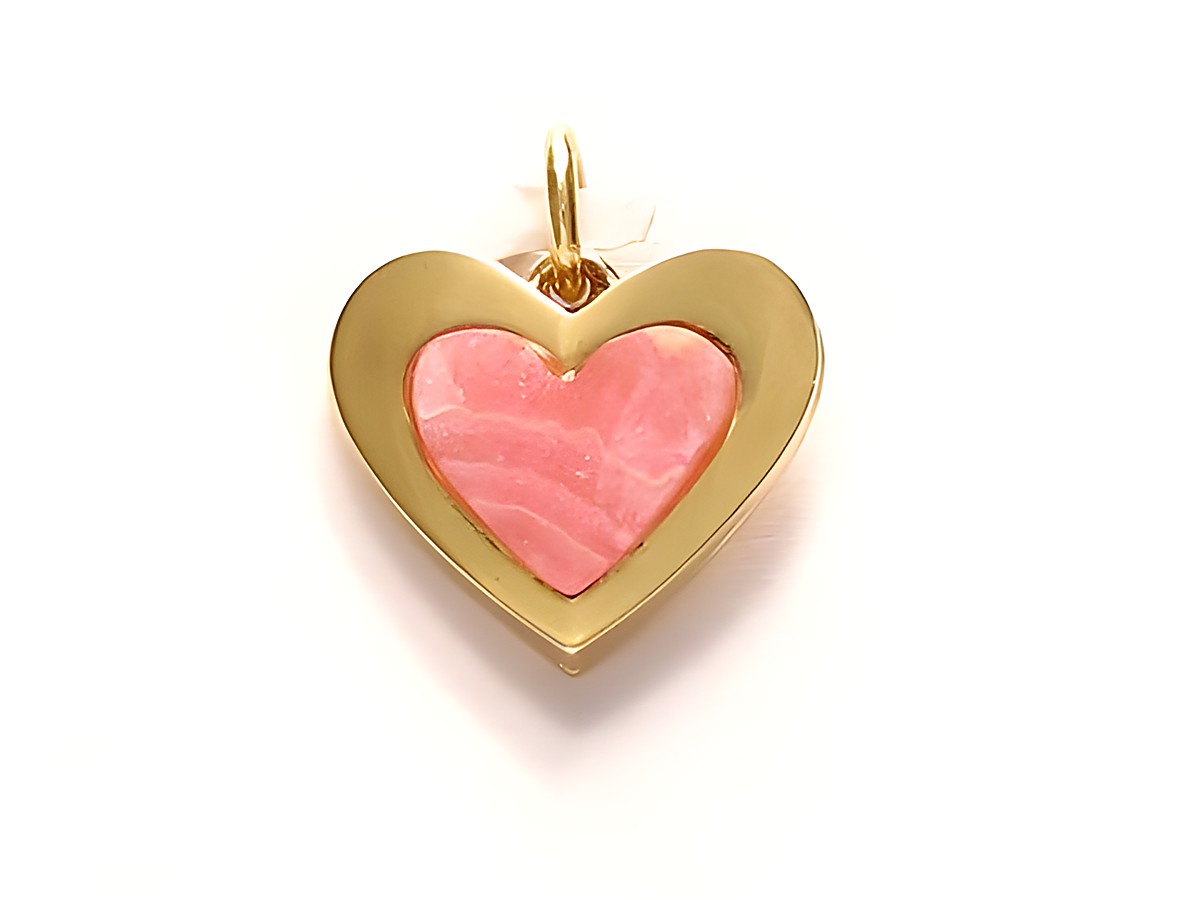 Rhodochrosit Herz Anhänger mit Gold Auflage von Juwelier Harnisch, edles Design mit pinkem Stein, perfekt als Schmuckstück oder Geschenk.