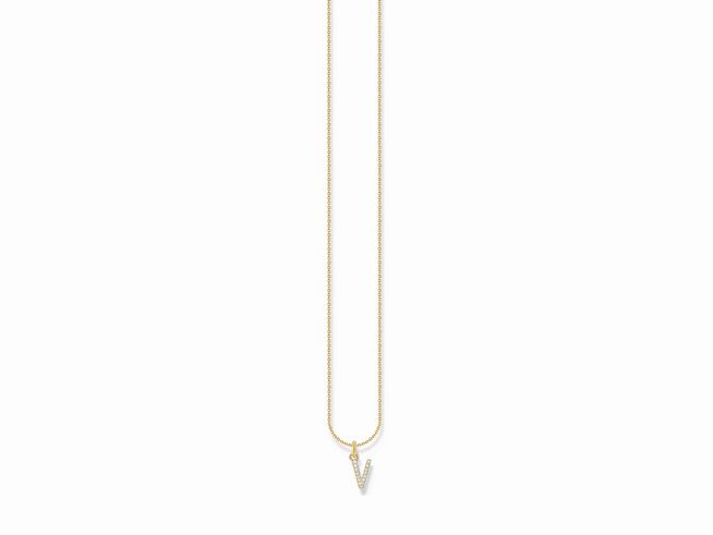 Silberne Kette von Thomas Sabo mit vergoldetem Anhänger in Form des Buchstabens V, verziert mit weißen Zirkonia-Steinen, verstellbare Länge von 38 bis 45 cm.