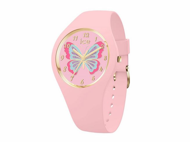 Ice Watch Uhr 021955 ICE fantasia mit einem rosafarbenen Silikonarmband und einem Zifferblatt, das einen bunten Schmetterling zeigt, ideal für modebewusste Trägerinnen.