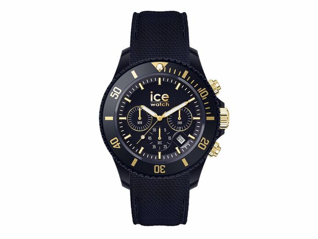 50441355-0 Ice watch 021601 - ICE chrono Dark blue gold - Blau - Medium, präsentiert eine schwarze Uhr mit goldenen Akzenten, einem Textilarmband und mehreren Zifferblättern für Zeitmessung.