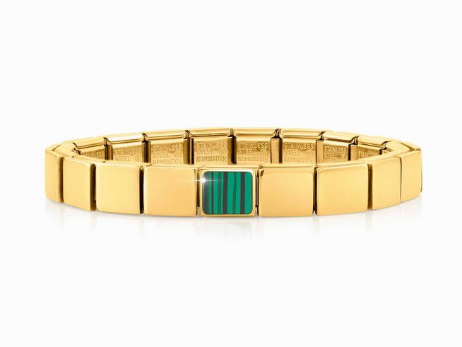 Classic GLAM Armband aus Edelstahl in Gelbgold mit einem designten Element aus grünem Malachit. Elegantes und modisches Schmuckstück von Nomination.