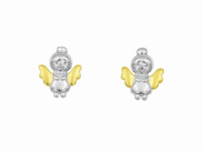 Ohrringe Ohrstecker Engel mit Goldflügeln aus rhodiniertem und vergoldetem Sterling Silber, ideal für Kinder, hergestellt von Juwelier Harnisch, niedliches Design und hochwertig verarbeitet.