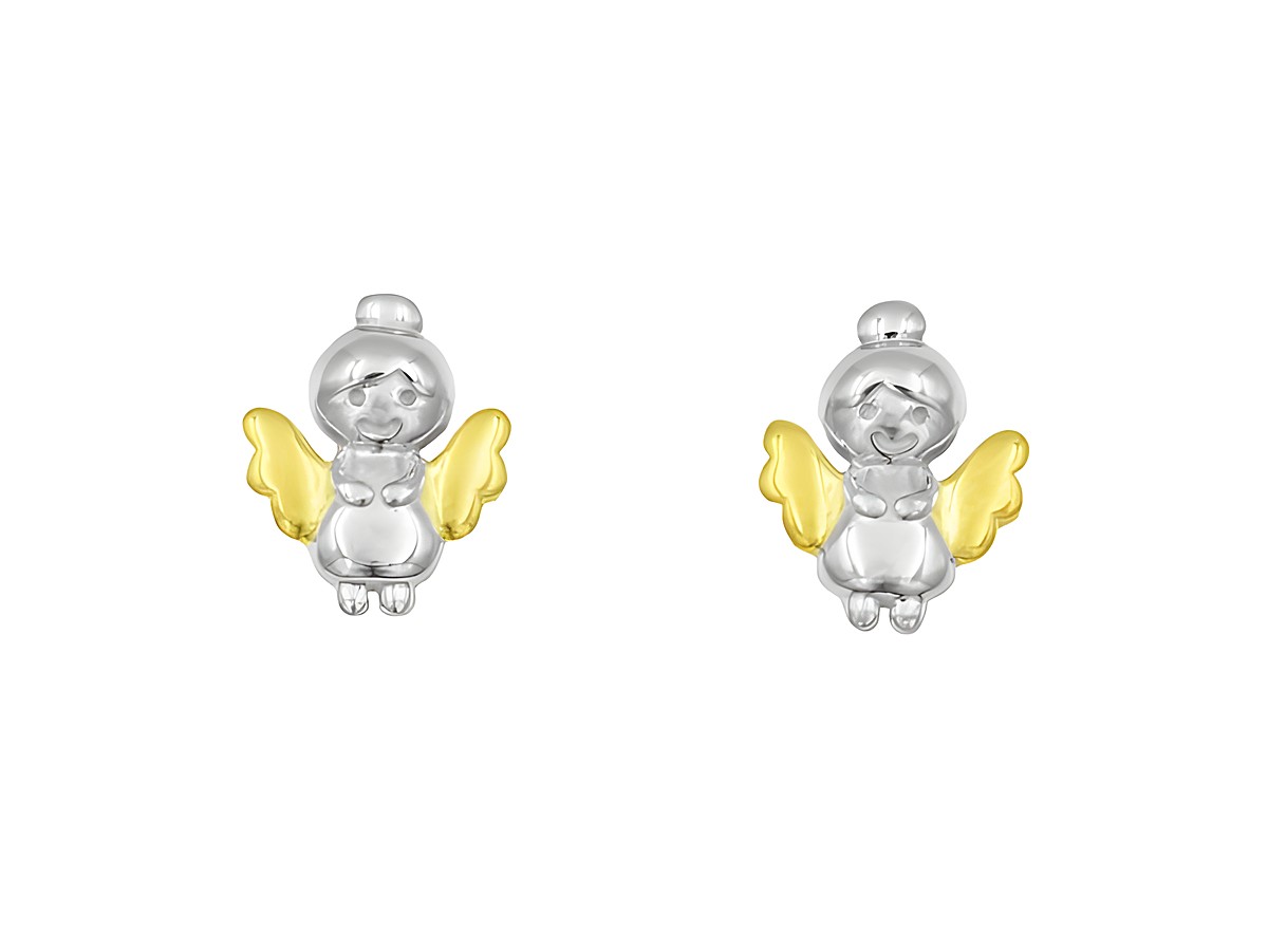 Ohrringe Ohrstecker Engel mit Goldflügeln aus rhodiniertem und vergoldetem Sterling Silber, ideal für Kinder, hergestellt von Juwelier Harnisch, niedliches Design und hochwertig verarbeitet.