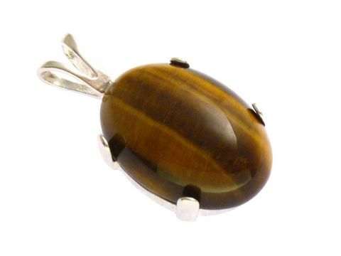 Tigerauge Cabochon Anhänger aus Sterling Silber, ovaler Stein mit typischer braun-goldener Farbgebung, glänzende Oberfläche und stylische Fassung, hergestellt von Juwelier Harnisch.