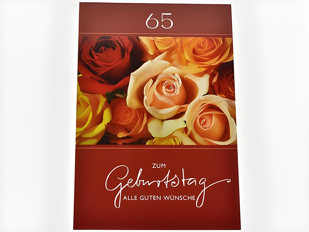 Eine Geburtstagskarte mit bunten Rosenblüten in warmen Farben und der Aufschrift zum Geburtstag alle guten Wünsche in eleganter Schrift, Hersteller Juwelier Harnisch.